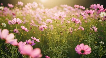 Obraz premium Ethereal Cosmos Meadow Bathed in a Dreamy, Golden Hour Sun Flare.