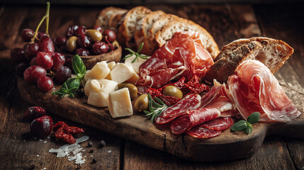 Italian antipasti ingredients set, rustic wooden board with prosciutto, salami, parmesan chunks, olives, sun-dried tomatoes, roasted peppers, fresh bread, grapes