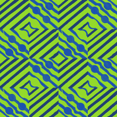 Dynamic and vibrant geometric patterns featuring alternating blue and green shapes creating eye-catching designs in a seamless, repeating layout suitable for backgrounds, textiles or modern art