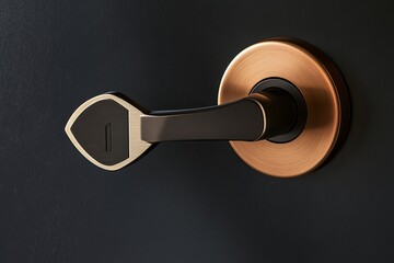 A key with a house-shaped design on the door handle, a real estate concept. This stock photo is the winner of a contest, with a close-up view and a blurred background, creating a bokeh effect. There i