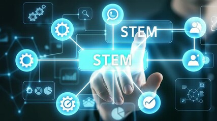 A persons finger touches the glowing blue stem button on a futuristic digital interface - Powered by Adobe