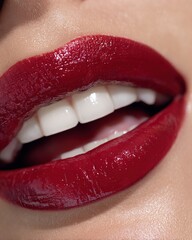 Close-up of female model & elegant lips with radiant bright and vibrant color lips holding lipstick tube, professional beauty shoot for cosmetic, advertising and luxury makeup brand promotion