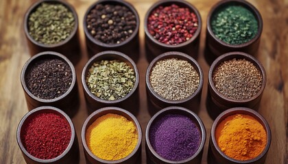 Twelve bowls of various dried spices and herbs are arranged on a wooden surface, showcasing a collection of different colors and textures.