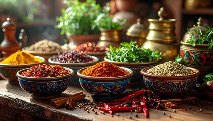 Fototapeta premium A vibrant collection of colorful spices and herbs arranged in decorative bowls on a rustic wooden surface, showcasing the richness of culinary ingredients