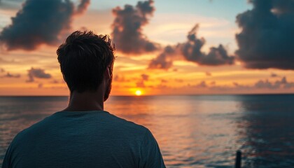 A man with short brown hair stands facing away from the camera, looking out at a beautiful sunset over a calm ocean.