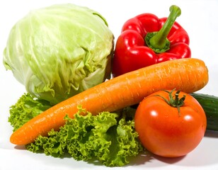 Fresh colorful vegetables arranged on white background
