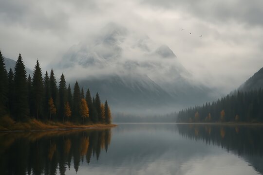 Misty mountain lake with evergreen forest and autumn foliage evergreen trees autumn colors - Powered by Adobe