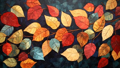 The illustration shows a collection of stylized autumn leaves in various warm and cool colors, attached to thin branches against a dark backdrop.