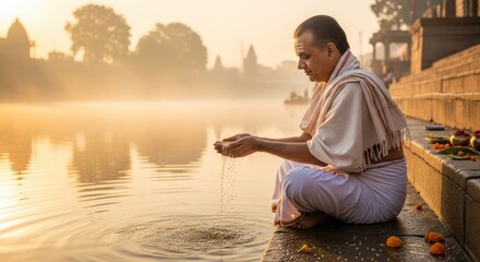 
Golden Sunrise Worship Scene at Mahalaya Amavasya Festival