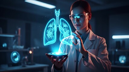 Innovative female surgeon examines a luminous blue holographic lung model, a symbol of advanced digital medical technology and future healthcare - Powered by Adobe