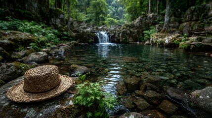 Fototapeta premium Serene Natural Landscape with Straw Hat and Waterfall Background