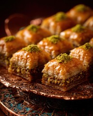 Delicious Baklava Dessert with Pistachio Topping in Warm Setting