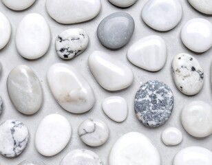 Polished stones in various shades of white and gray