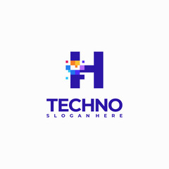 H Pixel Letter Logo Design Template, Pixel Technology logo symbol concept