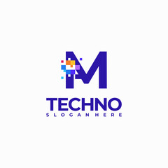 M Pixel Letter Logo Design Template, Pixel Technology logo symbol concept