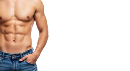 Fototapeta premium Athletic Mans Chiseled Torso with Defined Six-Pack Abs, Isolated on a White Background with Copy Space.