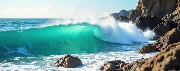 Fototapeta premium Ocean wave crashing on a rocky shore, sea foam and spray, turquoise water, dramatic sunlight Perfect for travel, nature, and environmental themes , marine, vibrant