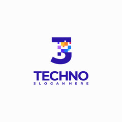 3 Pixel Number Logo Design Template, Pixel Technology logo symbol concept