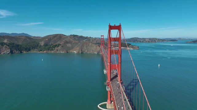 Aerial View in San Francisco, California, USA of The Golden Gate Bridge on January 5, 2025 - Drone Showcases Boats, Ships, Pacific Ocean, and the Bay Area on the Pacific Coast Highway 101