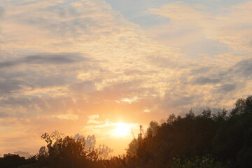 Sunlight Breaking Through Clouds Over Tree Horizon