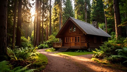 A rustic, wooden cabin nestled amongst towering green trees in a sun-drenched forest.