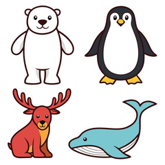 Fototapeta premium Polar bear penguin reindeer whale cartoon characters arctic animals