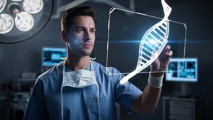 Male doctor specializing in genetic engineering interacts with a futuristic digital DNA interface in a high-tech medical laboratory - Powered by Adobe