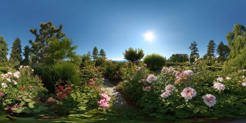 Vibrant rose garden blooming in the sun nature photography outdoor serenity panoramic view