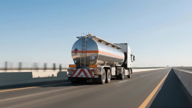 Tanker truck with hazardous material sign drives on a multi-lane highway under clear sky. Represents fuel transport, logistics, and supply chain. Motion blur indicates movement.