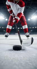 Obraz premium Close-up shot of a hockey player in red uniform preparing to strike the puck on the ice.