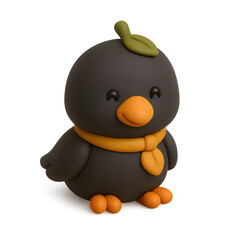 Naklejka premium 3D cartoon-style bird character in black with orange beak, feet, scarf, and a green leaf on the head 