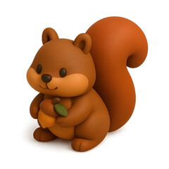 Fototapeta premium 3D cartoon-style brown squirrel with puffy cheeks holding an acorn in a cozy warm-toned setting