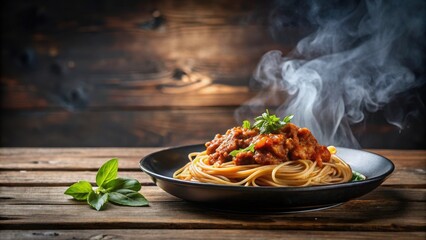 Cozy home scene with steaming hot spaghetti bolognese in a black plate on a wooden table