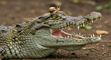 Fototapeta premium A unique photo of a crocodile with its mouth open and a snail on its head, showing contrast between a fierce predator and a tiny creature.