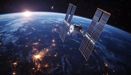 A large space station with solar panels orbits Earth, showing city lights and a moon in the dark sky.