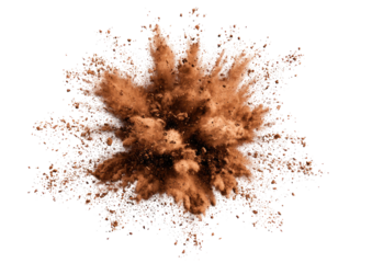 Exploding brown powder, radiating outwards in a circular burst against a black background