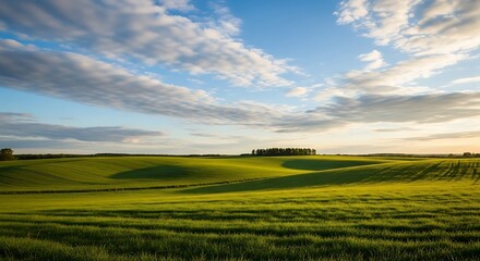 Obraz premium Rolling Green Fields with Sunset Sky.