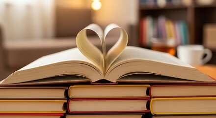 Fototapeta premium Heartshaped book pages with cozy home.