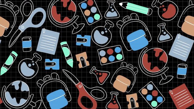 Animated stationery pattern on black background, seamless loop for creative learning concepts