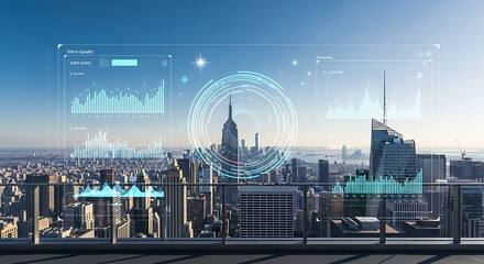 Futuristic digital interface displaying data visualizations and graphs over a panoramic modern cityscape from a high-rise.