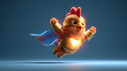 Cartoon Chicken Superhero Flying Through the Sky to Save the World with Hope