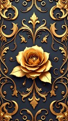 Golden rose on dark ornate background