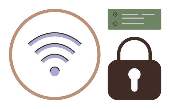wireless signal, padlock, server panel reflecting secure internet connection, network safety, data privacy. Ideal for cybersecurity, ISP services, IoT technology, privacy cloud storage encryption