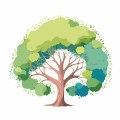 Abstract Watercolor Illustration of Tree from Above, Isolated on White Background, Ideal for Landscape Planning and Architectural Layouts, Featuring Garden Elements and Flowering Grass.