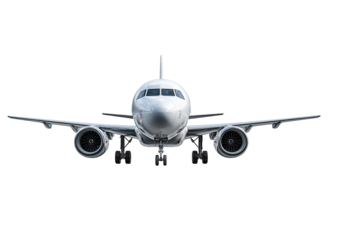 Front view of a white passenger jet.  Modern aircraft, clean lines,  and twin engines are prominent