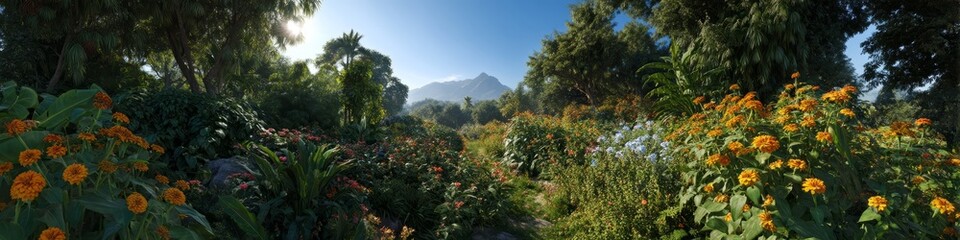 Exploring vibrant flower gardens scenic mountain view nature photography daytime panoramic landscape