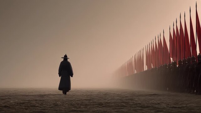 Solemn Army General Walking Alone