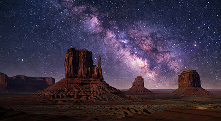 Monument Valley under the Milky Way: The iconic buttes of the American West are silhouetted against a breathtaking night sky full of stars and the colorful, vibrant galaxy.