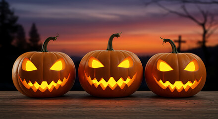Three glowing carved pumpkins on a wooden surface with a spooky twilight background featuring silhouetted trees and a cross.