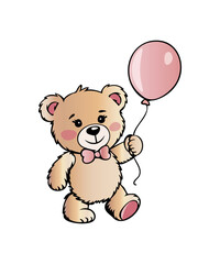A cartoon illustration of a cute teddy bear holding a pink balloon, perfect for children's designs and birthday celebrations.
